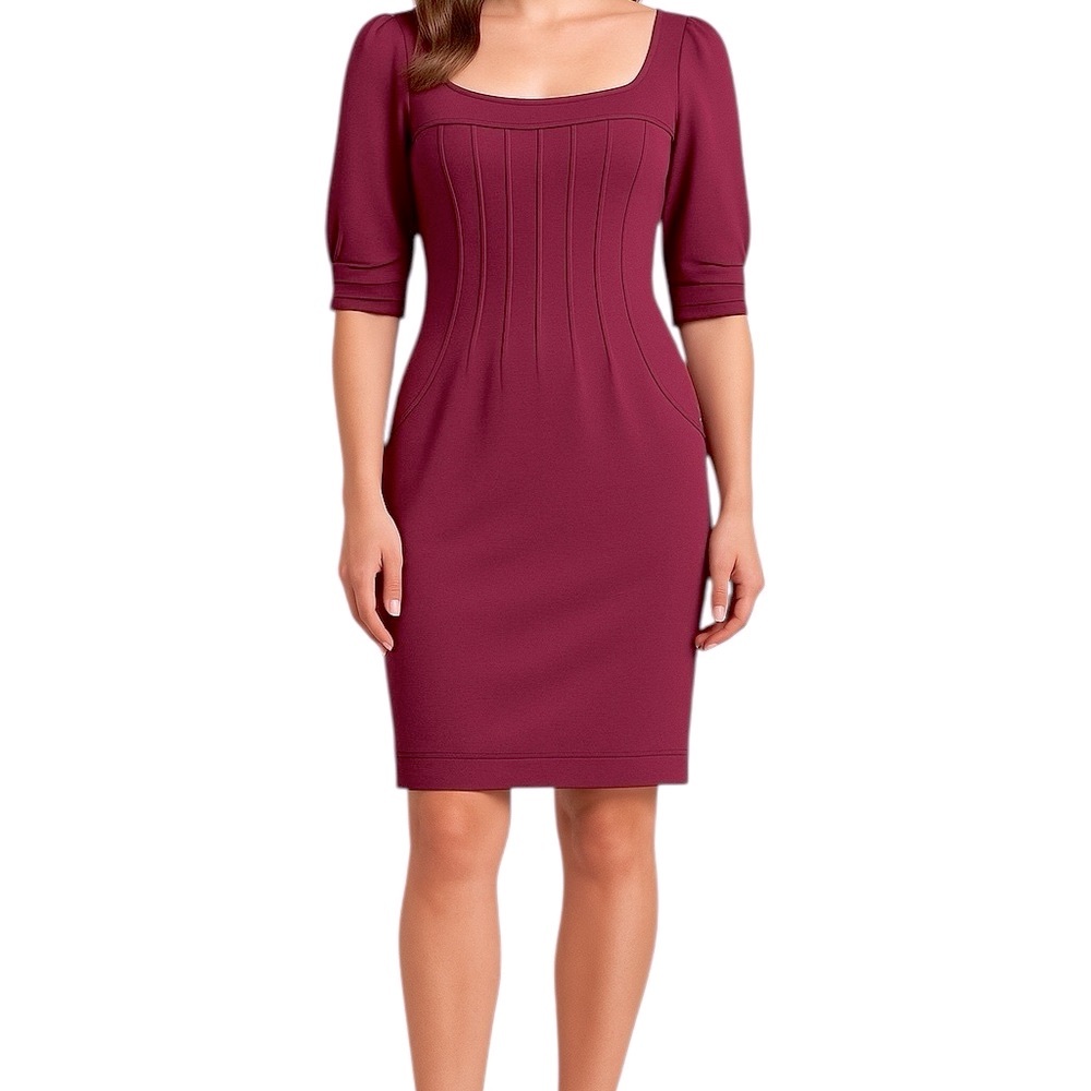 Maggy London Plum Square Neck Pleated Sheath Dress Size 8